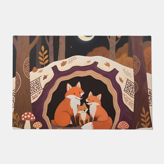 Fuchs-Familie Herbstwaldhöhle Fußmatte (Vorderseite)
