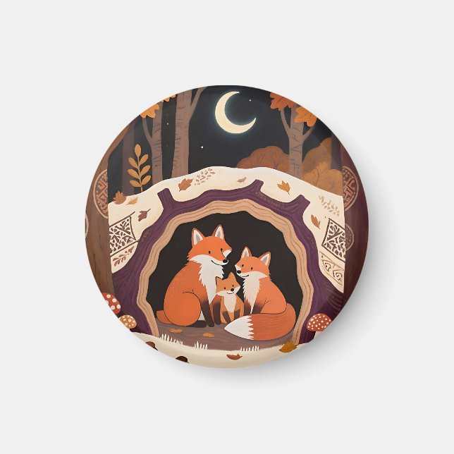 Fuchs-Familie Herbstwaldhöhle Magnet (Vorne)