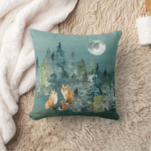 Fuchs Familie im Wald bei Vollmond Kissen