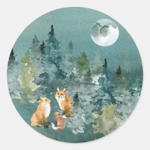 Fuchs Familie im Wald bei Vollmond Runder Aufkleber