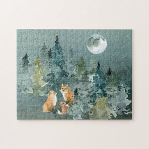 Fuchs-Familie im Wald Vollmond Aquarell Puzzle