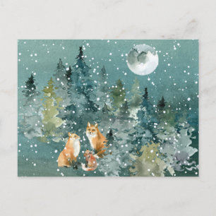 Fuchs Familie im Wald Vollmond Schneefall Postkarte