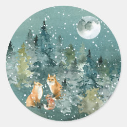 Fuchs Familie im Wald Vollmond Schneefall Runder Aufkleber
