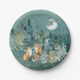 Fuchs Familie im Wald Vollmond Schneefall Urlaub Pappteller