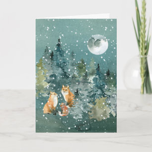 Fuchs Familie im Wald Vollmond Schneefall Wasserfa Feiertagskarte