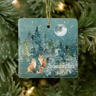 Fuchs-Familie im Wald Vollmond Schneefall Wasserfa Keramikornament
