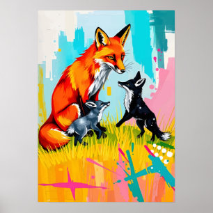 Fuchs-Familien-Spielzeit – Neon-Wildtier-Pop-Art Poster
