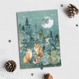 Fuchs-Familienwald Vollmond-Schneefall Aquarell Feiertagskarte