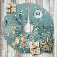 Fuchs-Familienwald-Vollmond-Schneefall-Monogramm