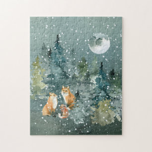 Fuchs-Familienwald Vollmond-Schneefall Puzzle