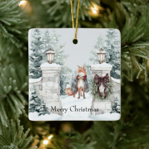 Fuchs Grün Mantel Schnee Weihnachten Keramikornament