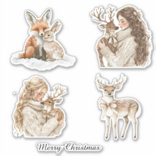Fuchs Hase Reh Mädchen Weihnachten Aufkleber