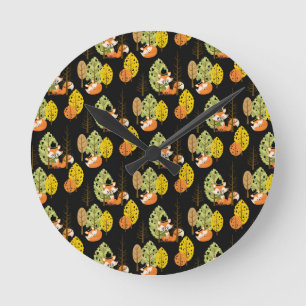 Fuchs Herbst Bäume Wald Schwarze Nacht Hipster Runde Wanduhr