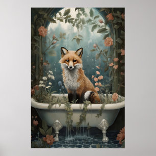Fuchs im Badewanne-Blumenprint, Vintage-Badezimmer Poster