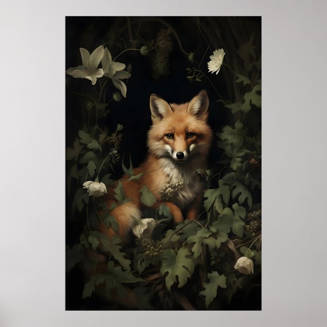 Fuchs im trüben Wald Druck, Fuchs Botanischer Druc Poster (Vorne)