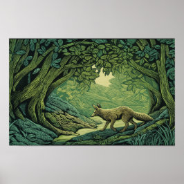 Fuchs in einem Wald mit Holzschnitttexturen Poster
