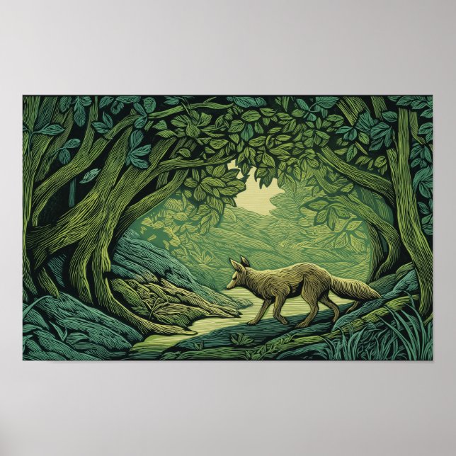 Fuchs in einem Wald mit Holzschnitttexturen Poster (Vorne)