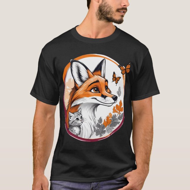 Fuchs mit Kätzchen und Schmetterlingen T-Shirt (Vorderseite)