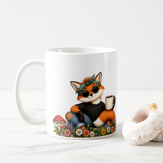 Fuchs mit Sonnenbrille und Wildblumen Tasse (Mit Donut)