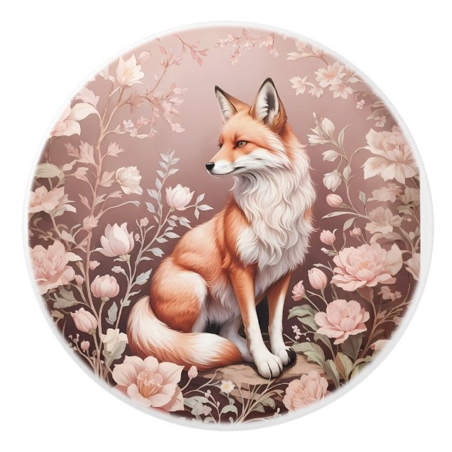 Fuchs mit träumerischen rosa Blumen Keramikknauf (Vorderseite)