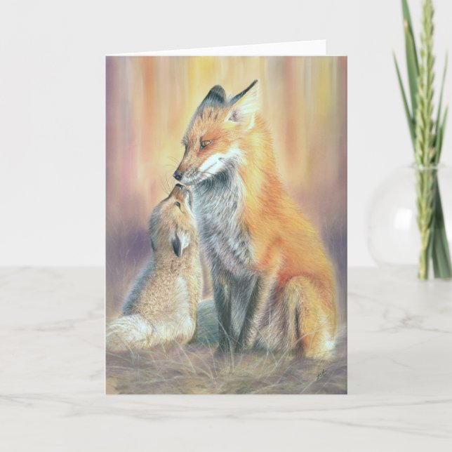 Fuchs-Mutter-und-Jungtier-Grußkarte. Füchse Karte (Vorderseite)