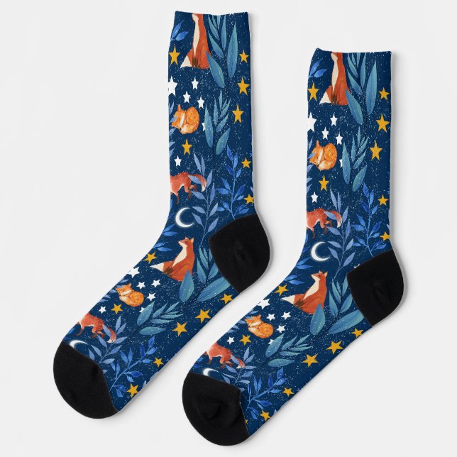 Fuchs Nachtwald Himmels Nahtloses Muster Socken (Linkes Detail)