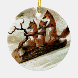 Fuchs-Schlittenfahrt-Vintage-Druck Keramikornament