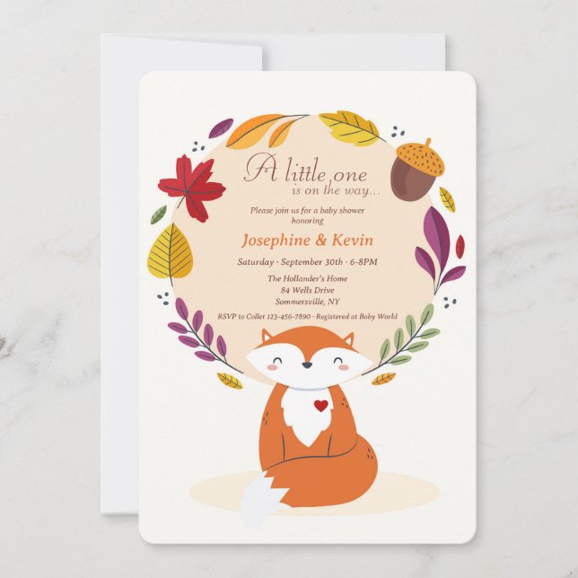 Fuchs und Blätter Baby Shower Einladung (Vorderseite)