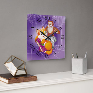 Fuchs und Eule Quadratische Wanduhr