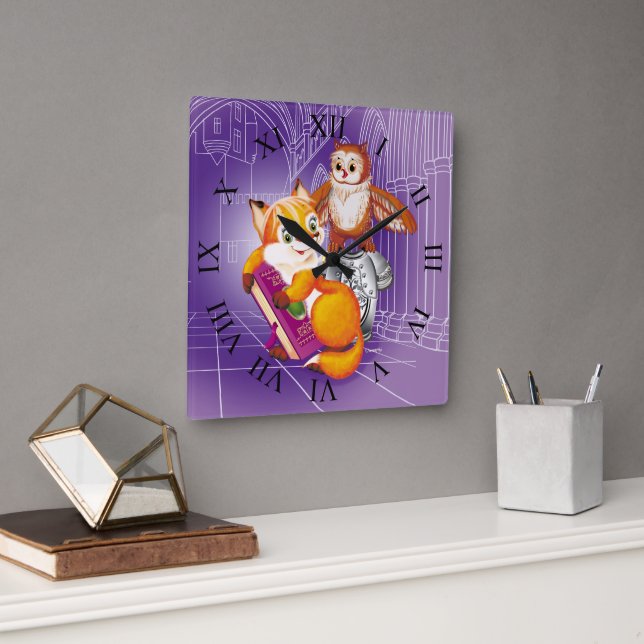 Fuchs und Eule Quadratische Wanduhr (Büro)