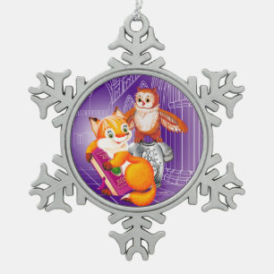 Fuchs und Eule Schneeflocken Zinn-Ornament