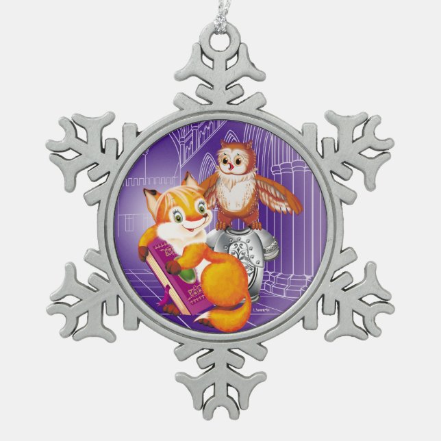 Fuchs und Eule Schneeflocken Zinn-Ornament (Vorderseite)