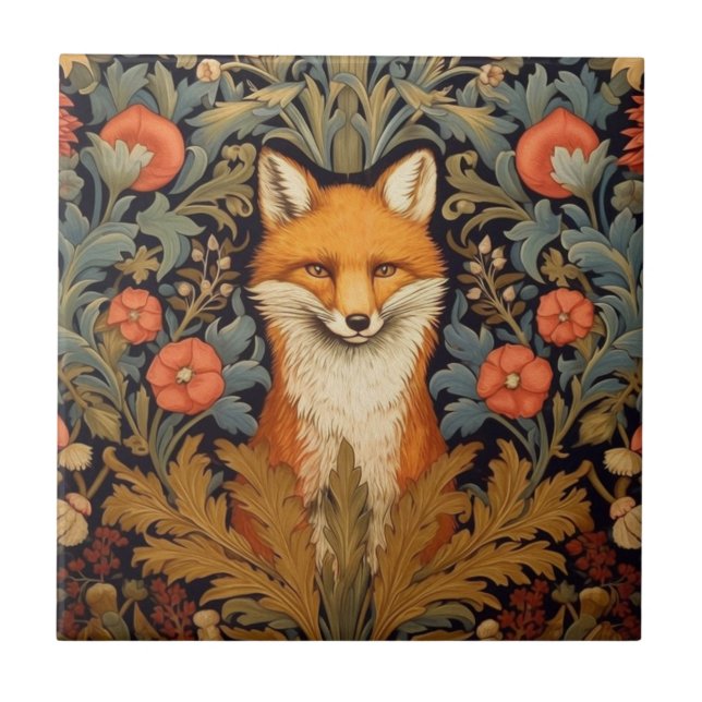 Fuchs und rote Blume im Jugendstil Fliese (Vorderseite)