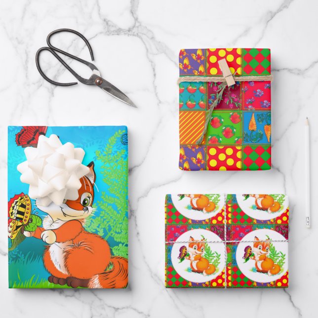 Fuchs und Schmetterling Geschenkpapier Set (Vorderseite)