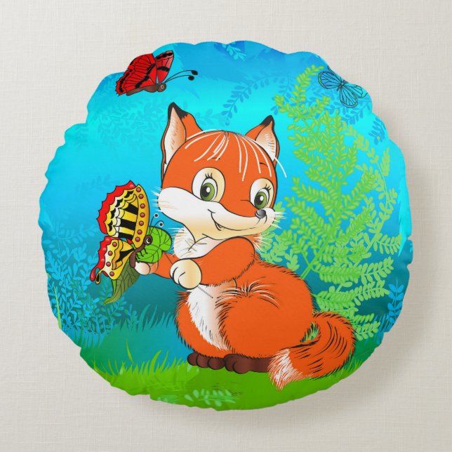 Fuchs und Schmetterling Rundes Kissen (Vorderseite)