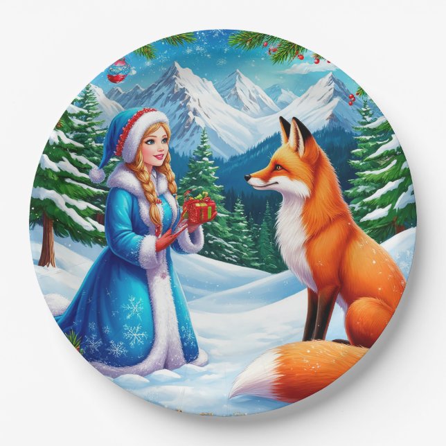 Fuchs und Schneemädchen in einer winterlichen Wald Pappteller (Vorderseite)