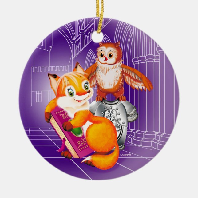 Fuchs und Uhviolett Keramik Ornament (Vorne)