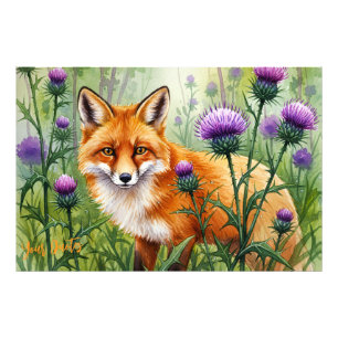 Fuchs unter lila Distelblüten Aquarell Fotodruck