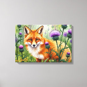 Fuchs unter lila Distelblüten Aquarell Leinwanddruck