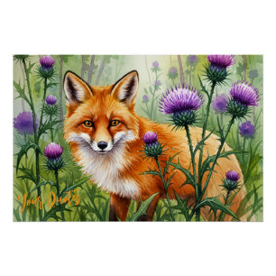 Fuchs unter lila Distelblüten Aquarell Poster