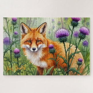 Fuchs unter lila Distelblüten Aquarell Puzzle