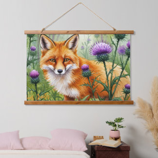 Fuchs unter lila Distelblüten Aquarell Wandteppich Mit Holzrahmen