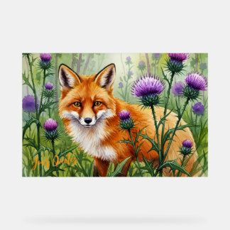 Fuchs unter violetten Distelblumen Aquarell Acrylschild