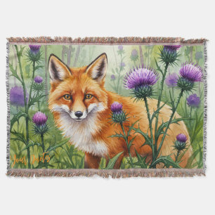 Fuchs unter violetten Distelblumen Aquarell Decke