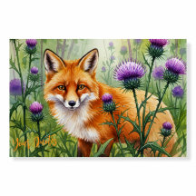 Fuchs unter violetten Distelblüten Aquarell