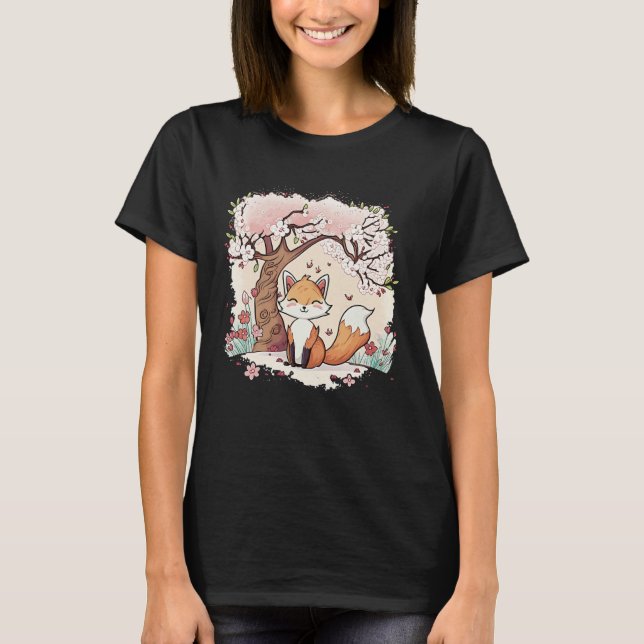 Fuchs Vaporwave unter japanischer Kirschblüten-Äst T-Shirt (Vorderseite)