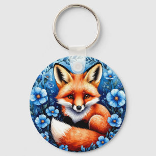 Fuchs von blauen Blumen umgeben Schlüsselanhänger