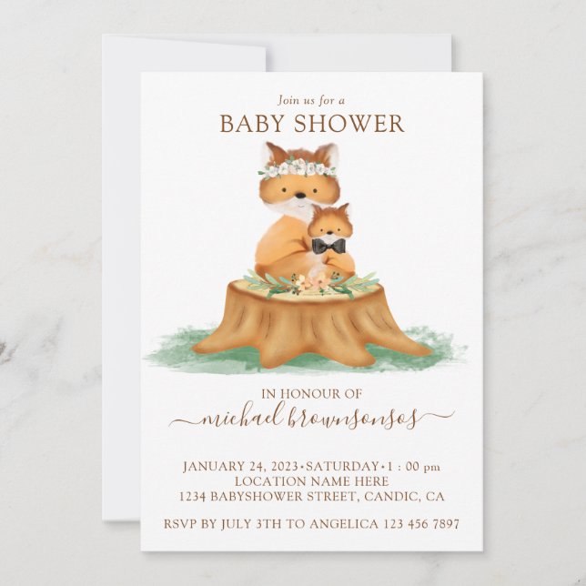 Fuchs-Wasserfarbe-Mama-Baby-Junge-Shower Einladung (Vorderseite)