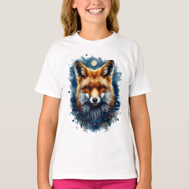 Fuchs Wasserfarbe Mond Wald Tier Ästhetik T-Shirt (Vorderseite)