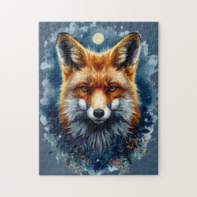 Fuchs-Wasserfarben-Mond-Wald-Tier-Ästhetik Puzzle (Vertikal)
